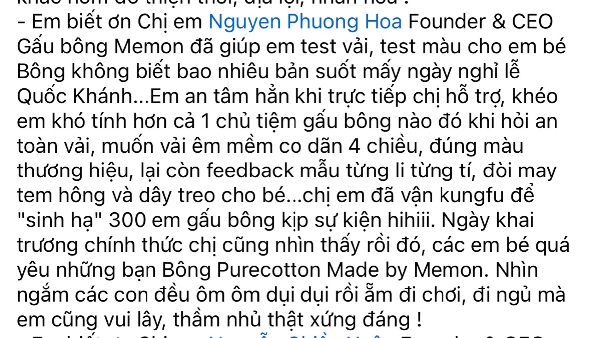 hình feedback của CEO Purecotton gửi đến Memon.